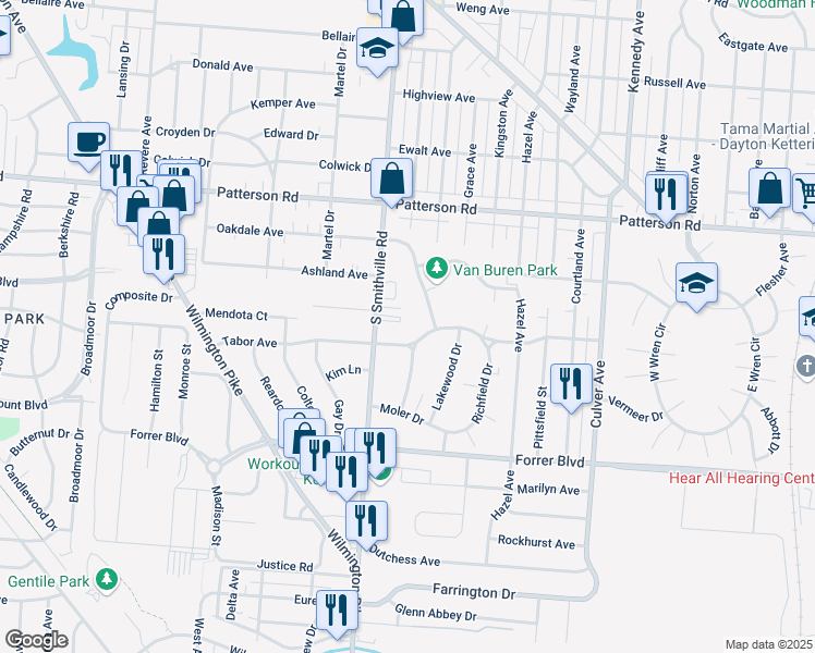 map of restaurants, bars, coffee shops, grocery stores, and more near 1337 Tabor Avenue in Dayton