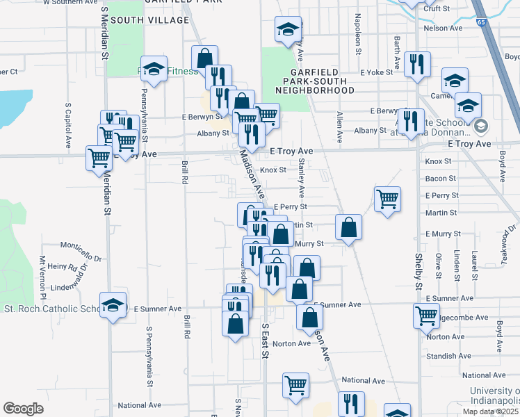 map of restaurants, bars, coffee shops, grocery stores, and more near 3120 East Street in Indianapolis