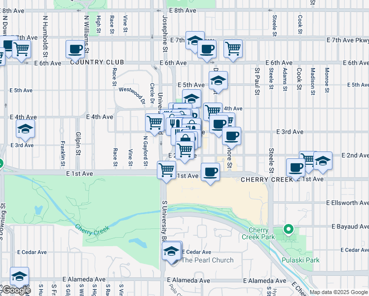 map of restaurants, bars, coffee shops, grocery stores, and more near 220 Josephine Street in Denver