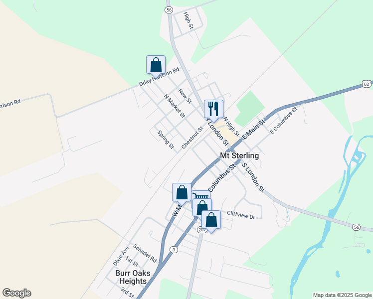 map of restaurants, bars, coffee shops, grocery stores, and more near 125 Chestnut Street in Mount Sterling