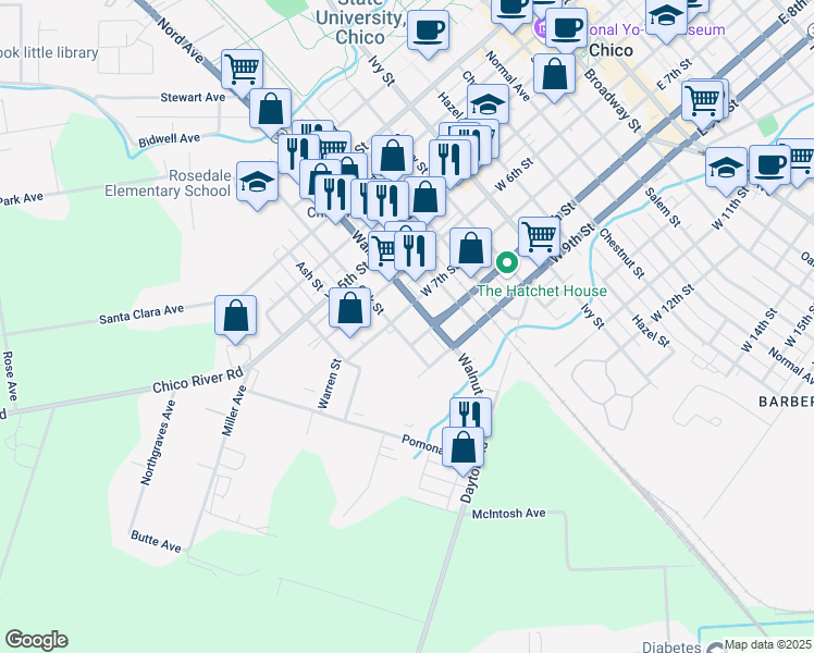 map of restaurants, bars, coffee shops, grocery stores, and more near 725 Oak Street in Chico