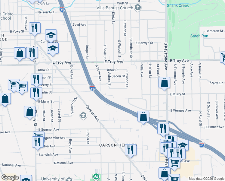 map of restaurants, bars, coffee shops, grocery stores, and more near 1813 East Martin Street in Indianapolis