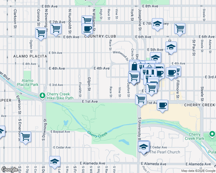 map of restaurants, bars, coffee shops, grocery stores, and more near 181 Race Street in Denver