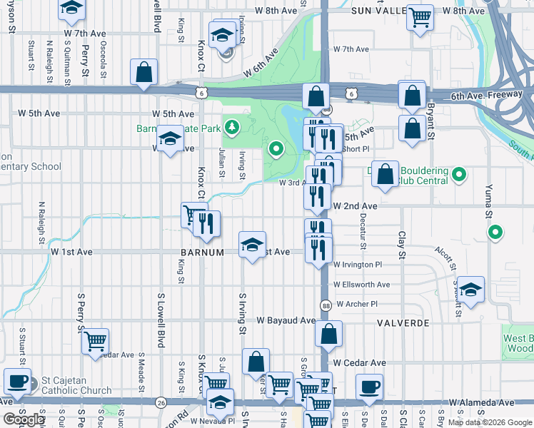 map of restaurants, bars, coffee shops, grocery stores, and more near 200 Hooker Street in Denver