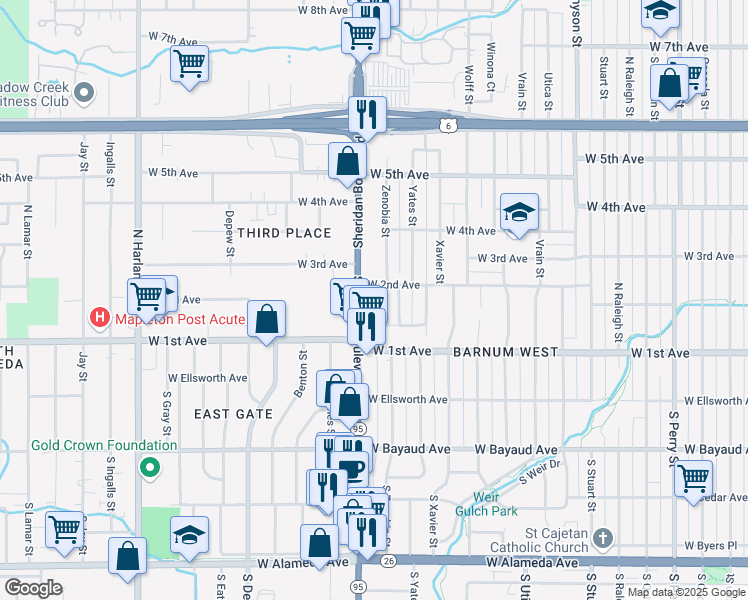 map of restaurants, bars, coffee shops, grocery stores, and more near 180 Sheridan Blvd in Denver