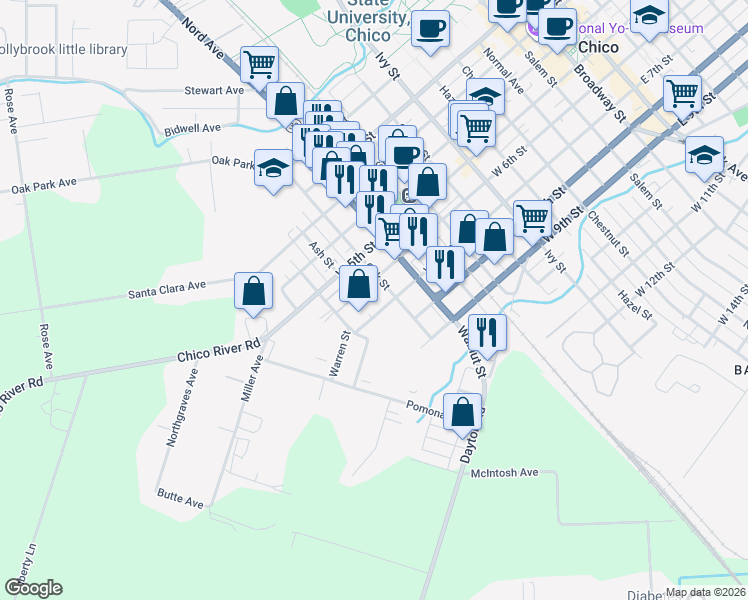 map of restaurants, bars, coffee shops, grocery stores, and more near 1228 W 7th St in Chico