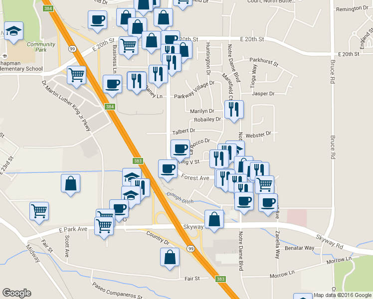 map of restaurants, bars, coffee shops, grocery stores, and more near 2254 La Rocco Drive in Chico