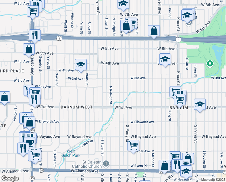 map of restaurants, bars, coffee shops, grocery stores, and more near 202 Raleigh Street in Denver