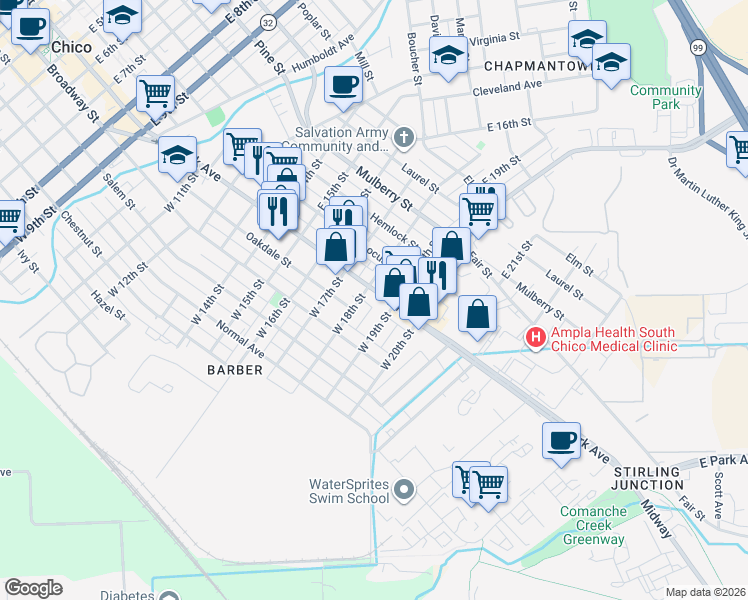 map of restaurants, bars, coffee shops, grocery stores, and more near Old Chico Canyon Road in Chico