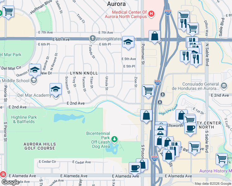 map of restaurants, bars, coffee shops, grocery stores, and more near 235 Vaughn Street in Aurora