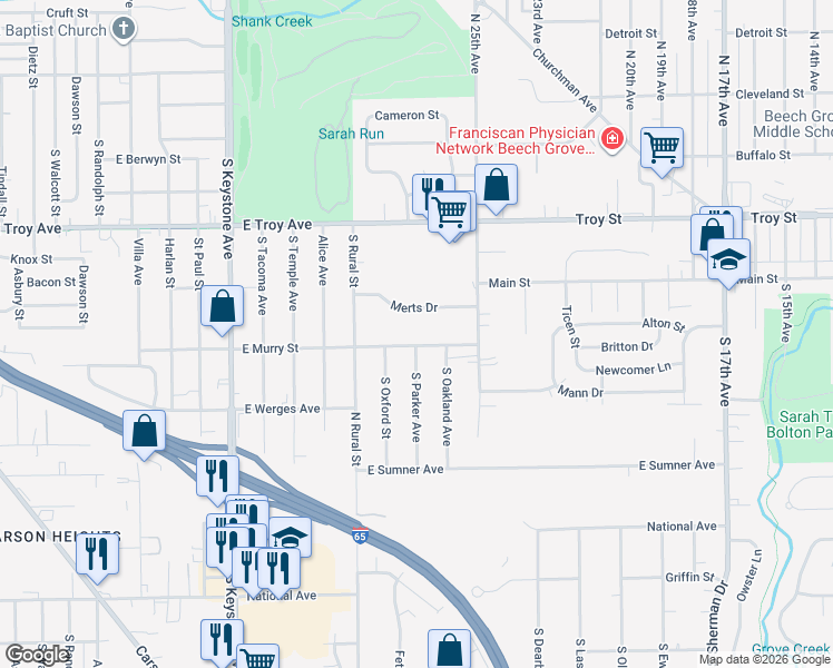 map of restaurants, bars, coffee shops, grocery stores, and more near 2910 East Murry Street in Indianapolis