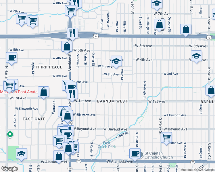 map of restaurants, bars, coffee shops, grocery stores, and more near 192 Wolff Street in Denver