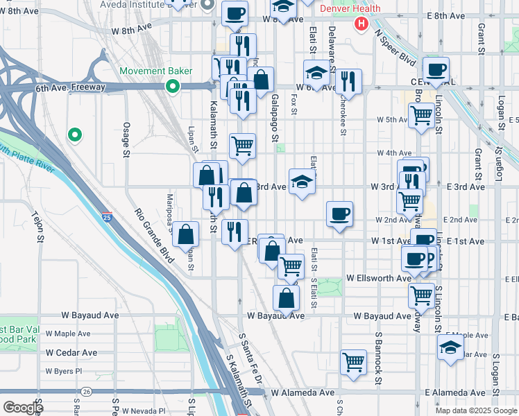 map of restaurants, bars, coffee shops, grocery stores, and more near 228 Inca Street in Denver