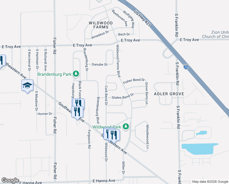 map of restaurants, bars, coffee shops, grocery stores, and more near 7923 Caraway Place in Indianapolis