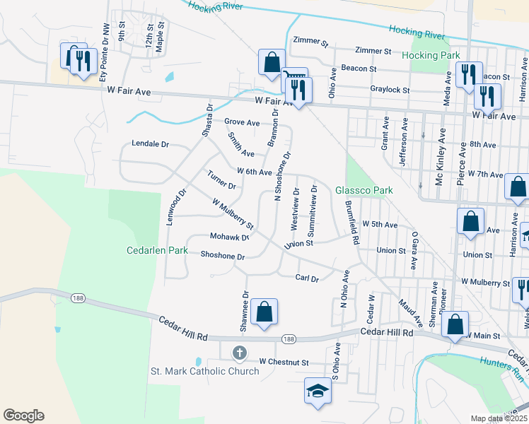 map of restaurants, bars, coffee shops, grocery stores, and more near 528 Mohawk Dr in Lancaster