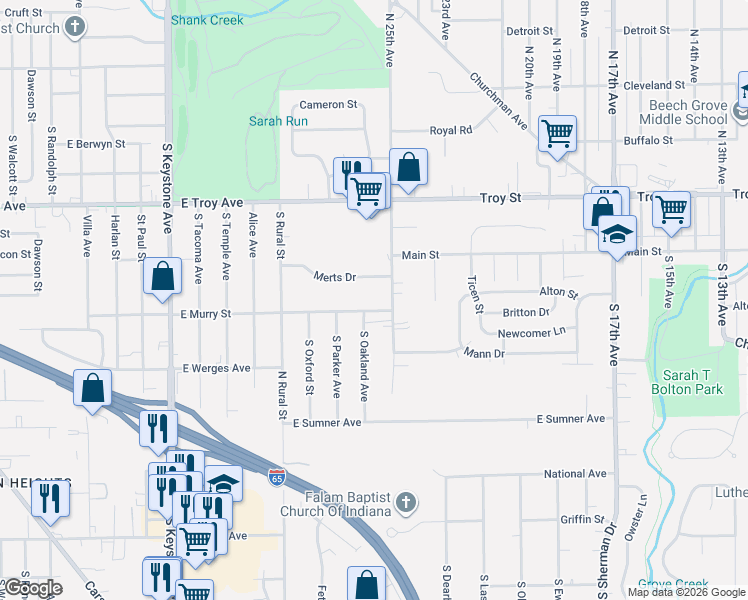 map of restaurants, bars, coffee shops, grocery stores, and more near 3110 East Murry Street in Indianapolis