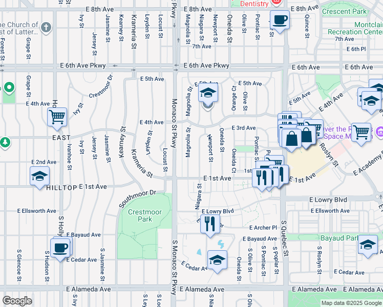 map of restaurants, bars, coffee shops, grocery stores, and more near 190 Magnolia Street in Denver