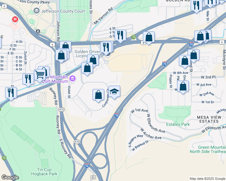 map of restaurants, bars, coffee shops, grocery stores, and more near 581 Conference Place in Golden
