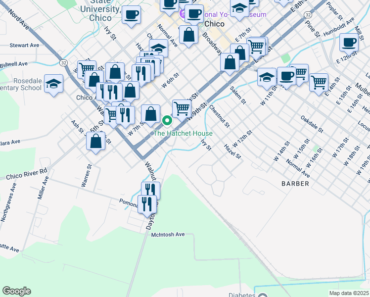 map of restaurants, bars, coffee shops, grocery stores, and more near 1022 Cherry Street in Chico