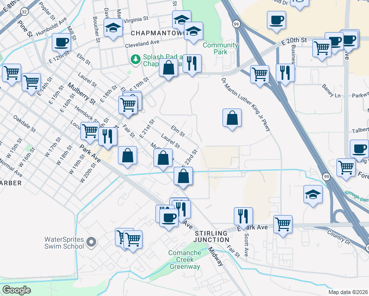 map of restaurants, bars, coffee shops, grocery stores, and more near 2215 Laurel Street in Chico