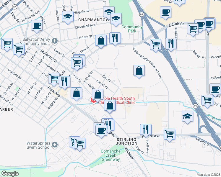 map of restaurants, bars, coffee shops, grocery stores, and more near 2215 Laurel Street in Chico