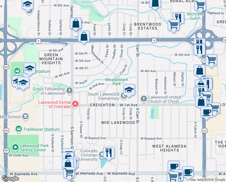 map of restaurants, bars, coffee shops, grocery stores, and more near 175 Dudley Street in Lakewood