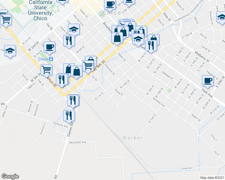 map of restaurants, bars, coffee shops, grocery stores, and more near 1130 Hazel Street in Chico