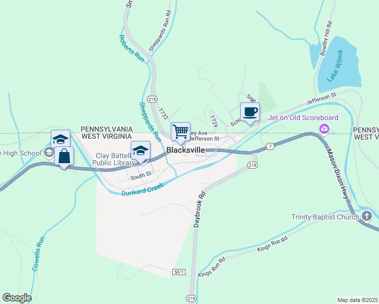 map of restaurants, bars, coffee shops, grocery stores, and more near 5961 Mason Dixon Highway in Blacksville