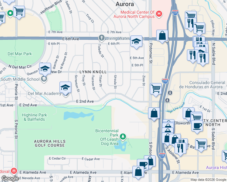map of restaurants, bars, coffee shops, grocery stores, and more near 12995 East 2nd Avenue in Aurora