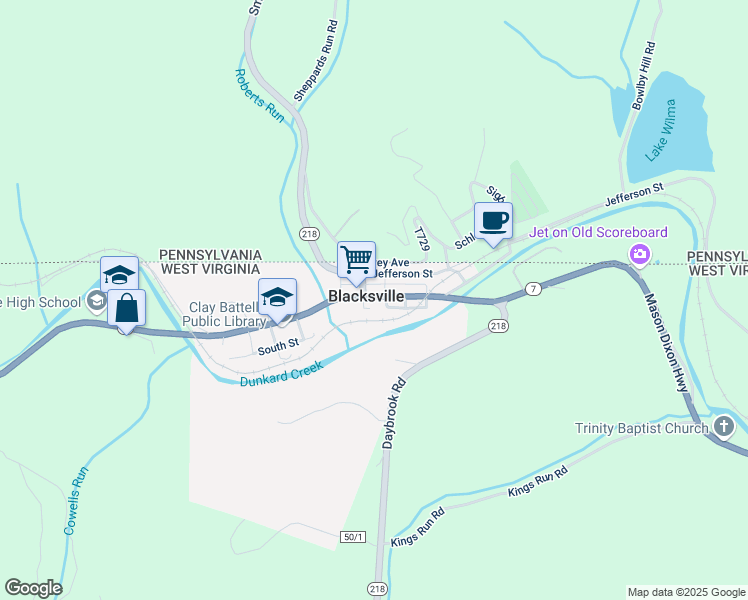 map of restaurants, bars, coffee shops, grocery stores, and more near 5961 Mason Dixon Highway in Blacksville