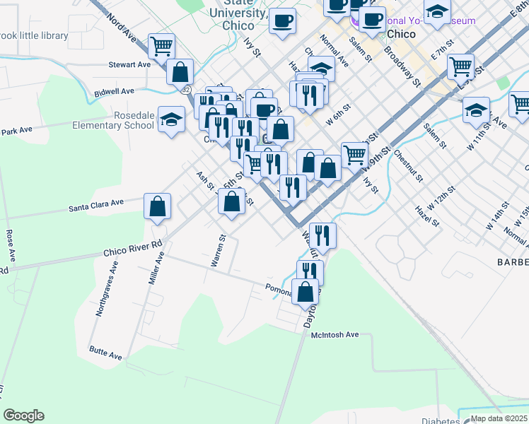 map of restaurants, bars, coffee shops, grocery stores, and more near 1145 West 7th Street in Chico