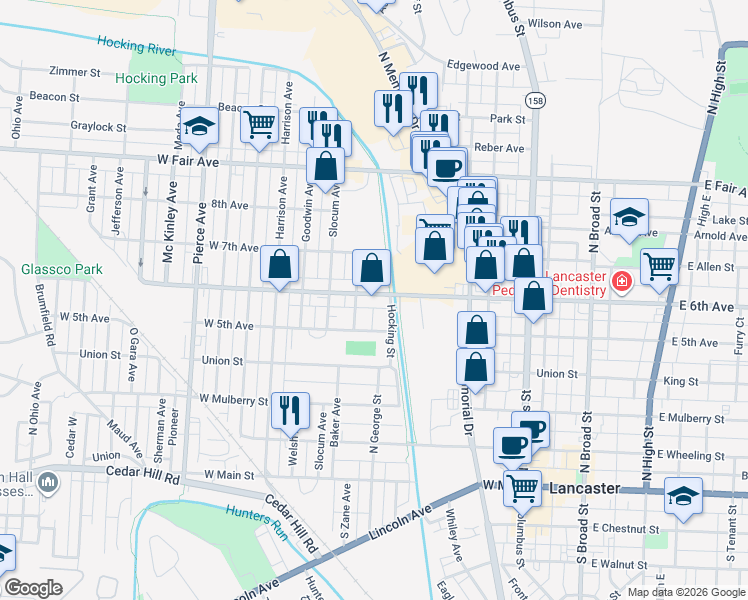 map of restaurants, bars, coffee shops, grocery stores, and more near 512 West 6th Avenue in Lancaster
