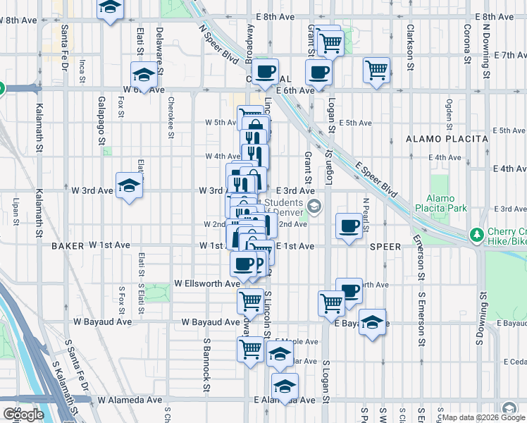 map of restaurants, bars, coffee shops, grocery stores, and more near 231 Lincoln Street in Denver
