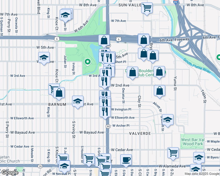 map of restaurants, bars, coffee shops, grocery stores, and more near 2946 West 2nd Avenue in Denver