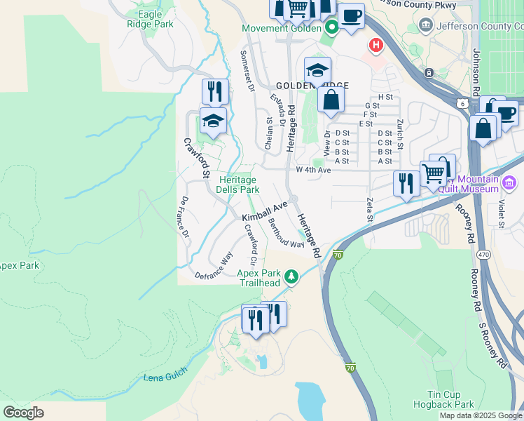 map of restaurants, bars, coffee shops, grocery stores, and more near 303 Berthoud Way in Golden