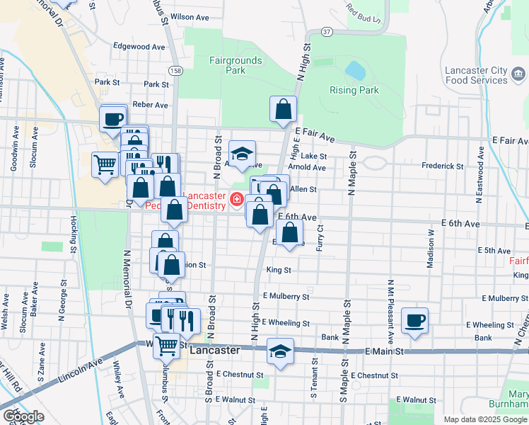 map of restaurants, bars, coffee shops, grocery stores, and more near 189 East 6th Avenue in Lancaster