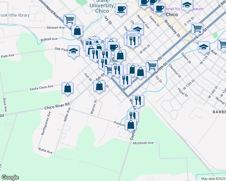 map of restaurants, bars, coffee shops, grocery stores, and more near in Chico
