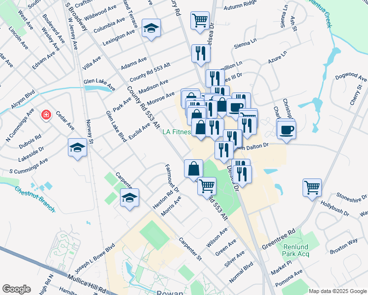 map of restaurants, bars, coffee shops, grocery stores, and more near 1202 Glen Ridge Drive in Glassboro