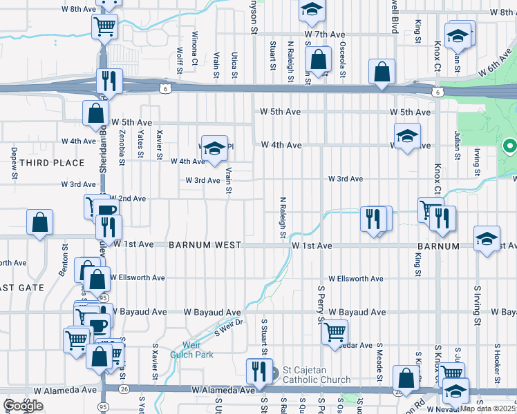 map of restaurants, bars, coffee shops, grocery stores, and more near 205 Stuart Street in Denver