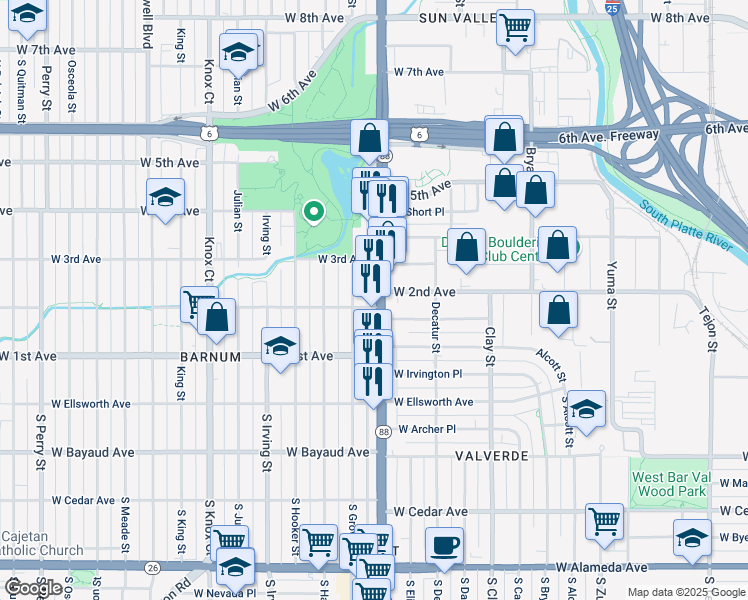 map of restaurants, bars, coffee shops, grocery stores, and more near 201 Federal Boulevard in Denver