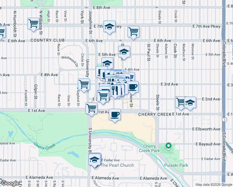 map of restaurants, bars, coffee shops, grocery stores, and more near 231 Detroit Street in Denver