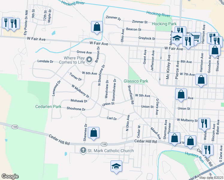 map of restaurants, bars, coffee shops, grocery stores, and more near 505 Summitview Drive in Lancaster