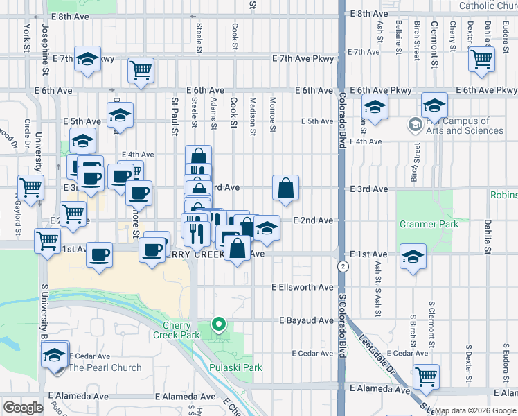 map of restaurants, bars, coffee shops, grocery stores, and more near 3515 East 2nd Avenue in Denver