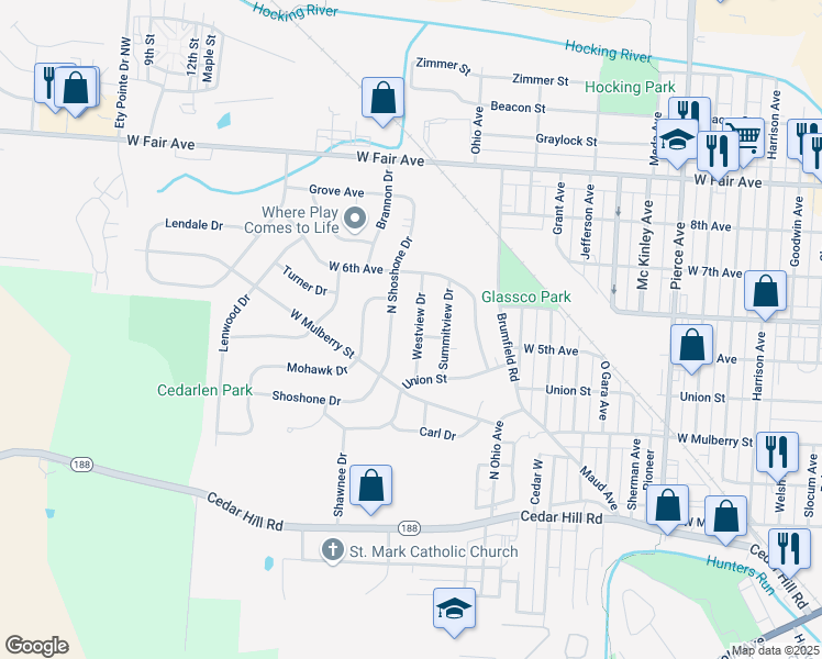 map of restaurants, bars, coffee shops, grocery stores, and more near 505 Westview Dr in Lancaster
