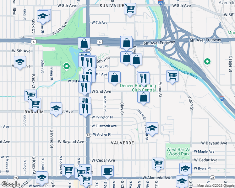 map of restaurants, bars, coffee shops, grocery stores, and more near 2728 West 2nd Avenue in Denver