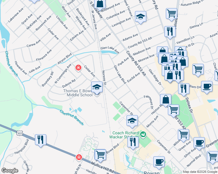 map of restaurants, bars, coffee shops, grocery stores, and more near 806 Carpenter Street in Glassboro