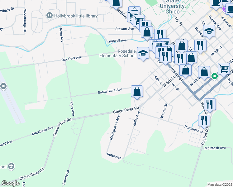 map of restaurants, bars, coffee shops, grocery stores, and more near 1701 Santa Clara Avenue in Chico