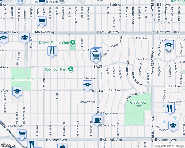 map of restaurants, bars, coffee shops, grocery stores, and more near 214 Hudson Street in Denver