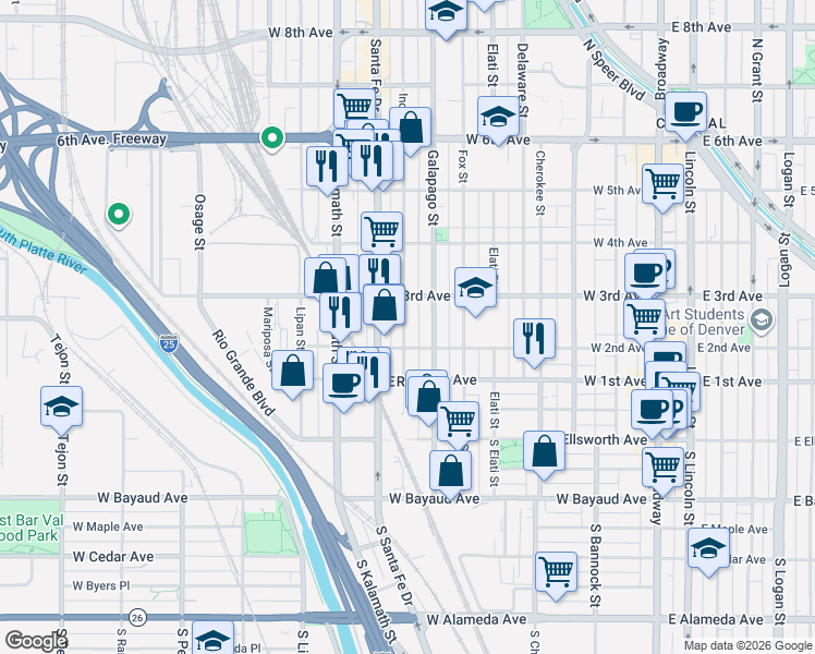 map of restaurants, bars, coffee shops, grocery stores, and more near 228 Inca Street in Denver