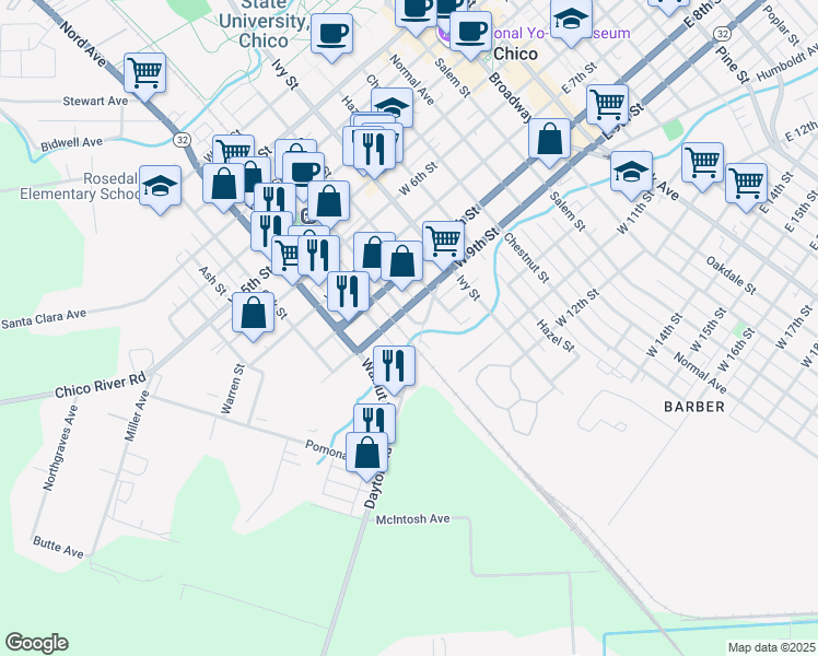 map of restaurants, bars, coffee shops, grocery stores, and more near 926 Orange Street in Chico